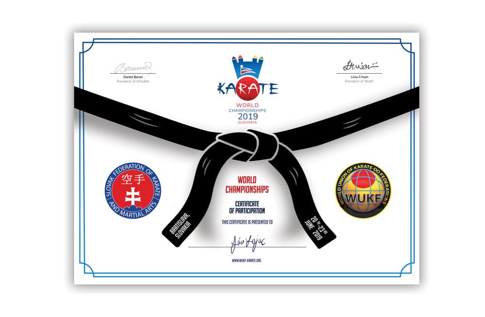 Grafická návrh diplomu Majstrovstiev sveta v karate 2019 na Slovensku.