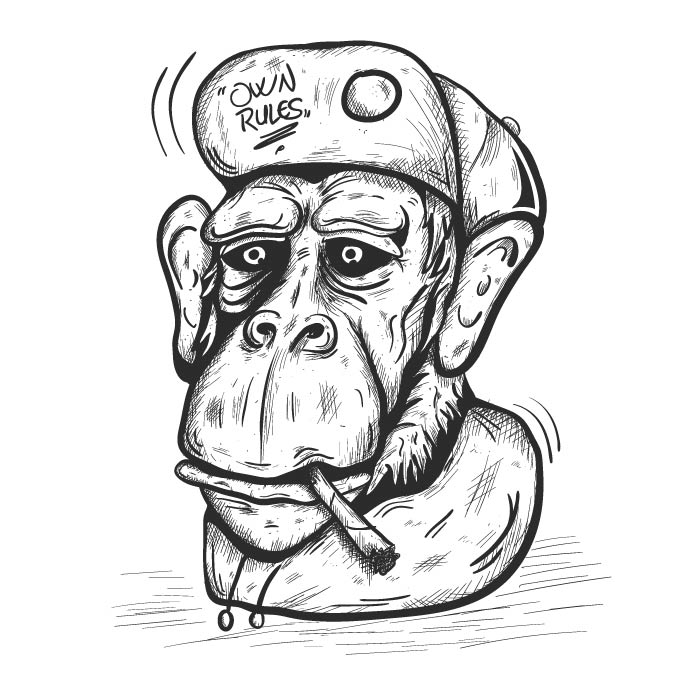 kreslenie ilustrácii opica so šiltovkou a cigaretou